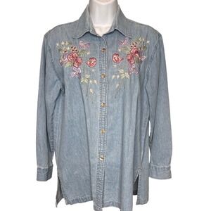 Vintage Passion Womens Floral Embroidered Chambray Denim Button Up Shirt Size S